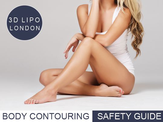 A woman sitting comfortably, featuring the title "Body Contouring Safety Guide" focused on blood clot risks